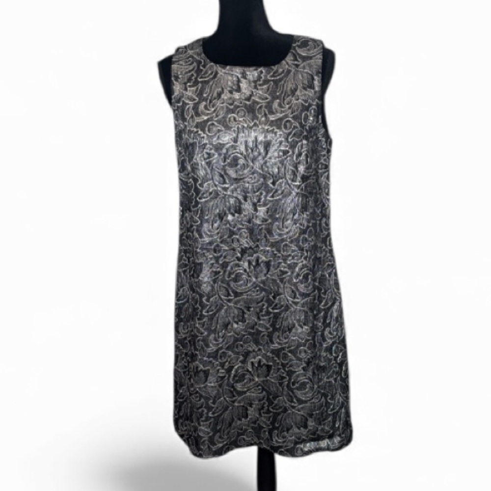 Tiana B. - Elegant Black and Silver Sleeveless Floral Dress - Size 12